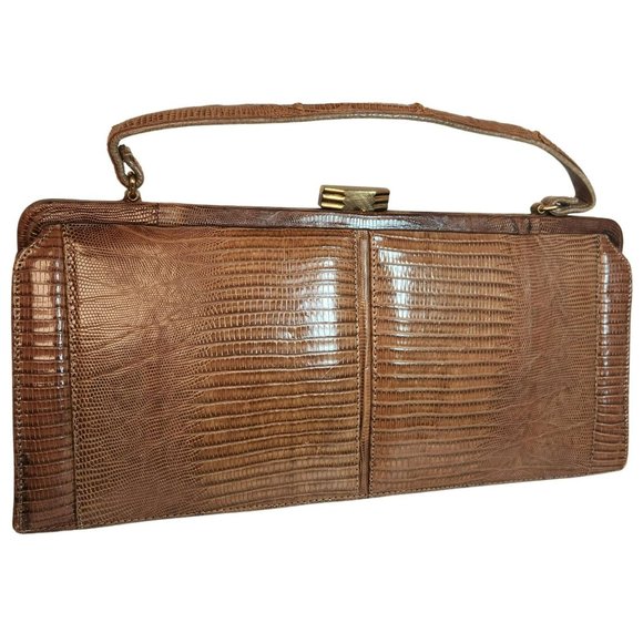 Vintage Palizzio Tegu Lizard Brown Rectangle Frame Closure 1960s Handbag - Picture 1 of 16